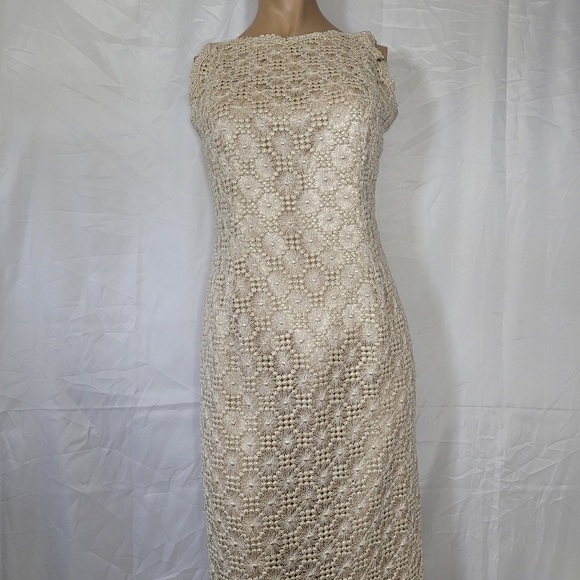 Vintage nude gold metallic thread embroidery crochet knit maxi formal dress - Picture 3 of 15